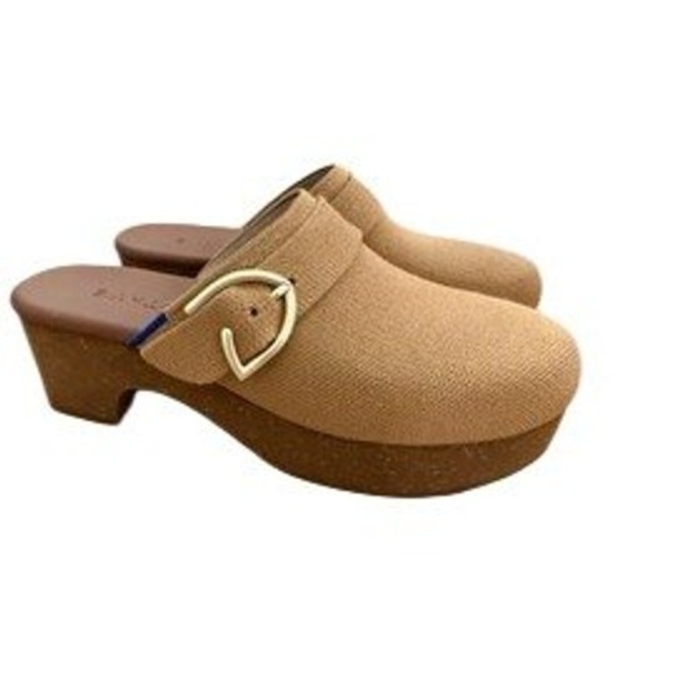 Rothys The Classic Buckle Clog Camel‎ Tan Knit Gold Buckle Platform Mules 7.5 - Picture 2 of 5